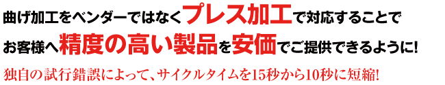 曲げ加工をベンダーではなくプレス加工で対応することでお客様へ精度の高い製品を安価でご提供できるように！